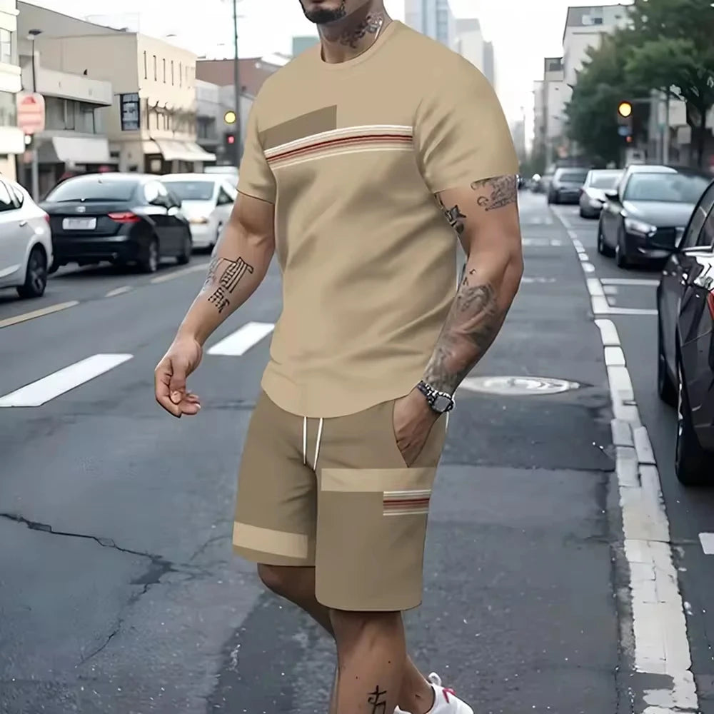 Men's Pattern Print Short Sleeve T-Shirt & Elastic Waist Sports Shorts 2-Piece Set