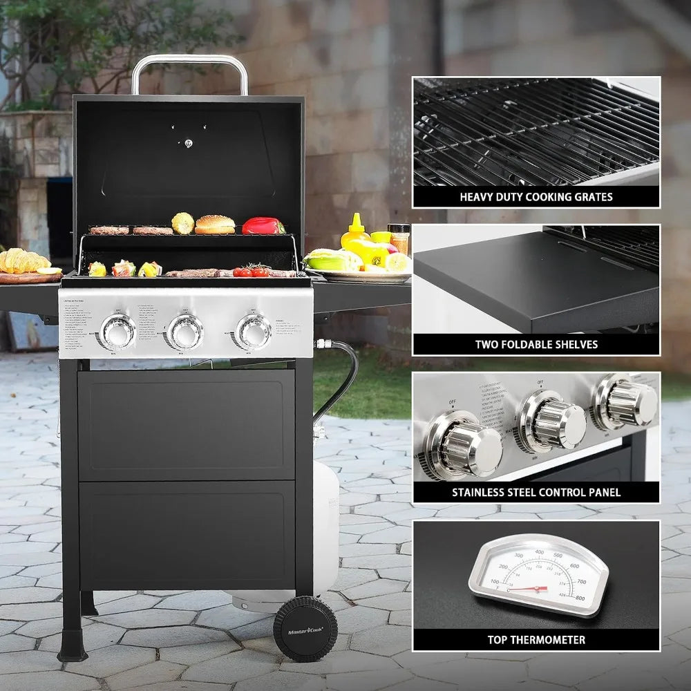 3-Burner Propane Gas Grill | 472 Sq. In., 30,000 BTU, Stainless Steel, Foldable Side Tables, Built-in Thermometer