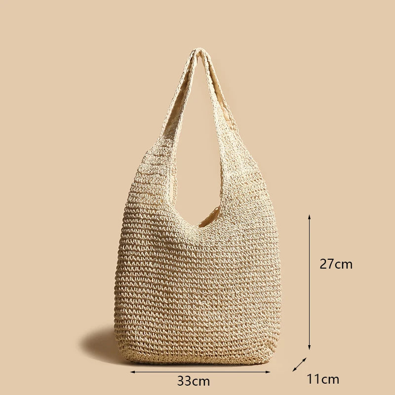 Handmade Straw Rattan Woven Tote Bag – Bohemian Beaded Summer Beach Shoulder Bag for Women