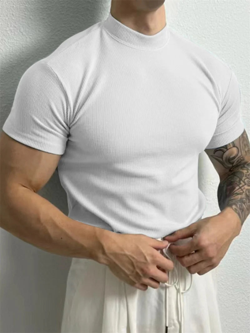 Men's Striped High Collar Short Sleeve Fitness Top — Athletic Training Shirt