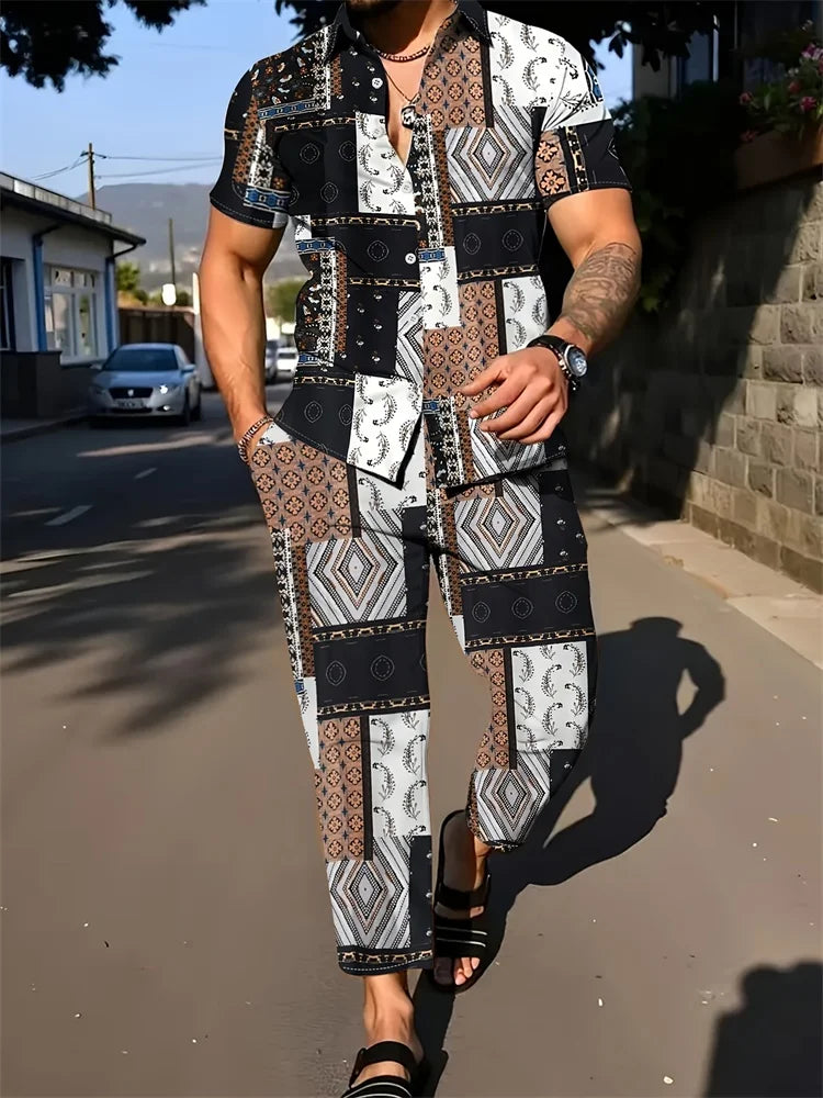 Men's Geometric Color Block Print Shirt & Shorts Set – Casual Loose Daily Fashion 2-Piece