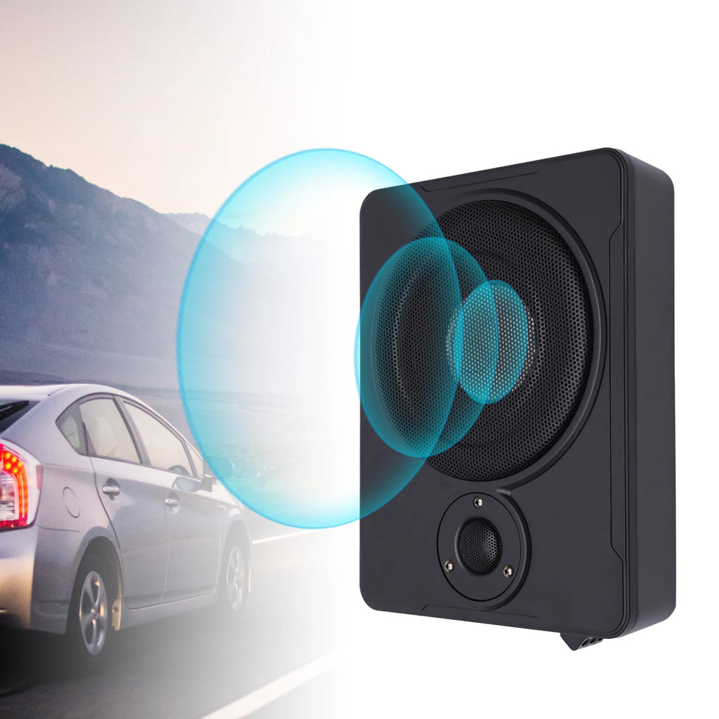Black car speaker with sound waves emanating from it, parked on a road with mountains in the background.