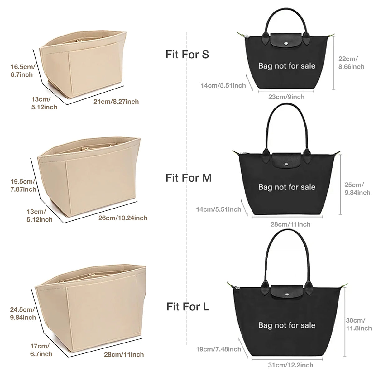 Felt Purse Organizer Insert – 5 Colors, 3 Sizes – Handbag Inner Liner for Totes & Purses