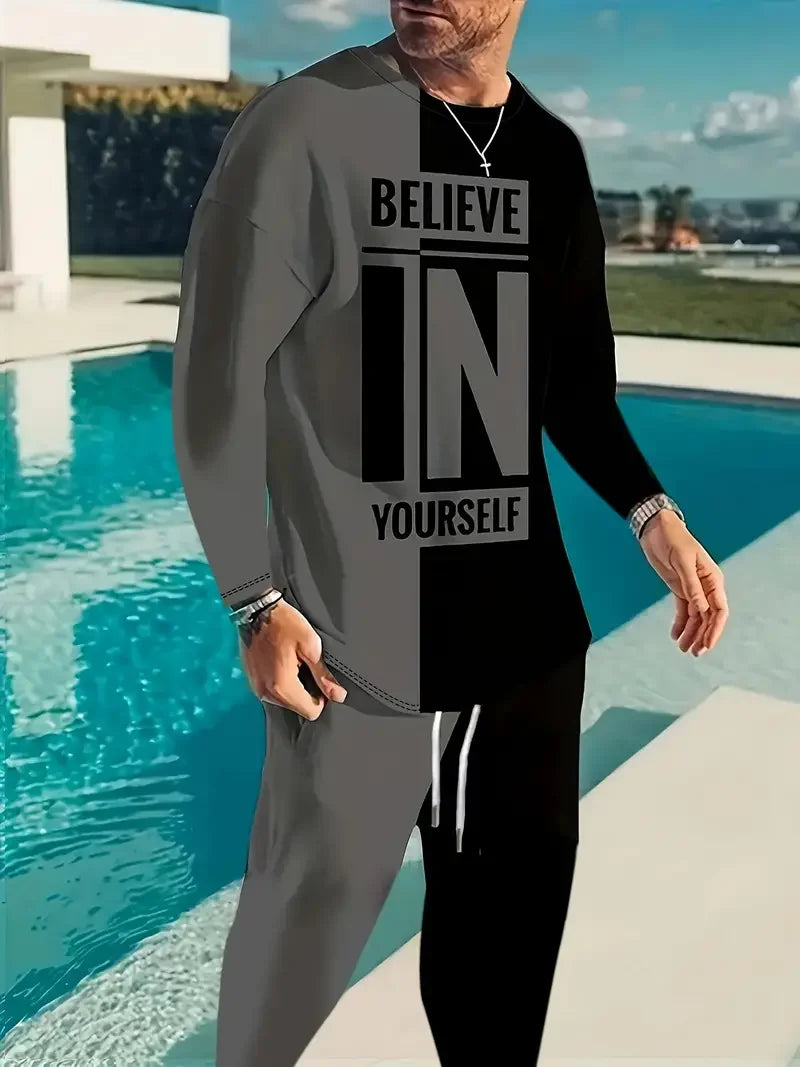 Men's 3D Print Long Sleeve T-Shirt & Jogger Pants Street Tracksuit