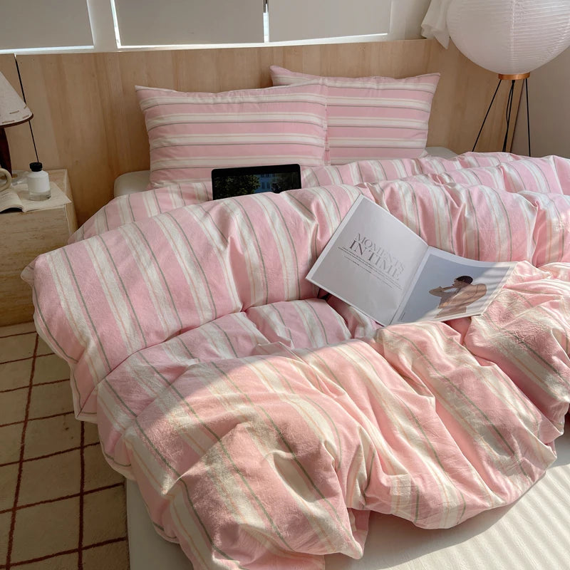 100% Cotton Stripe Bedding Set – Duvet Cover with Pillowcases, Twin to King