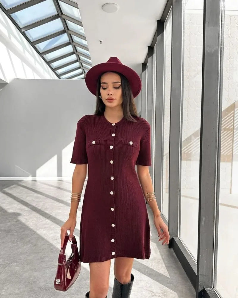 Elegant Knit Rib Mini Dress — High Waist Short Sleeve Bodycon Sweater Dress