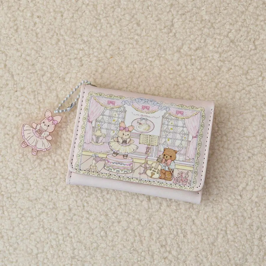 Girl's Dream Spring Picnic Wallet – Cute Rabbit & Bear Design, Anti-Degaussing Multi-Card Coin Purse