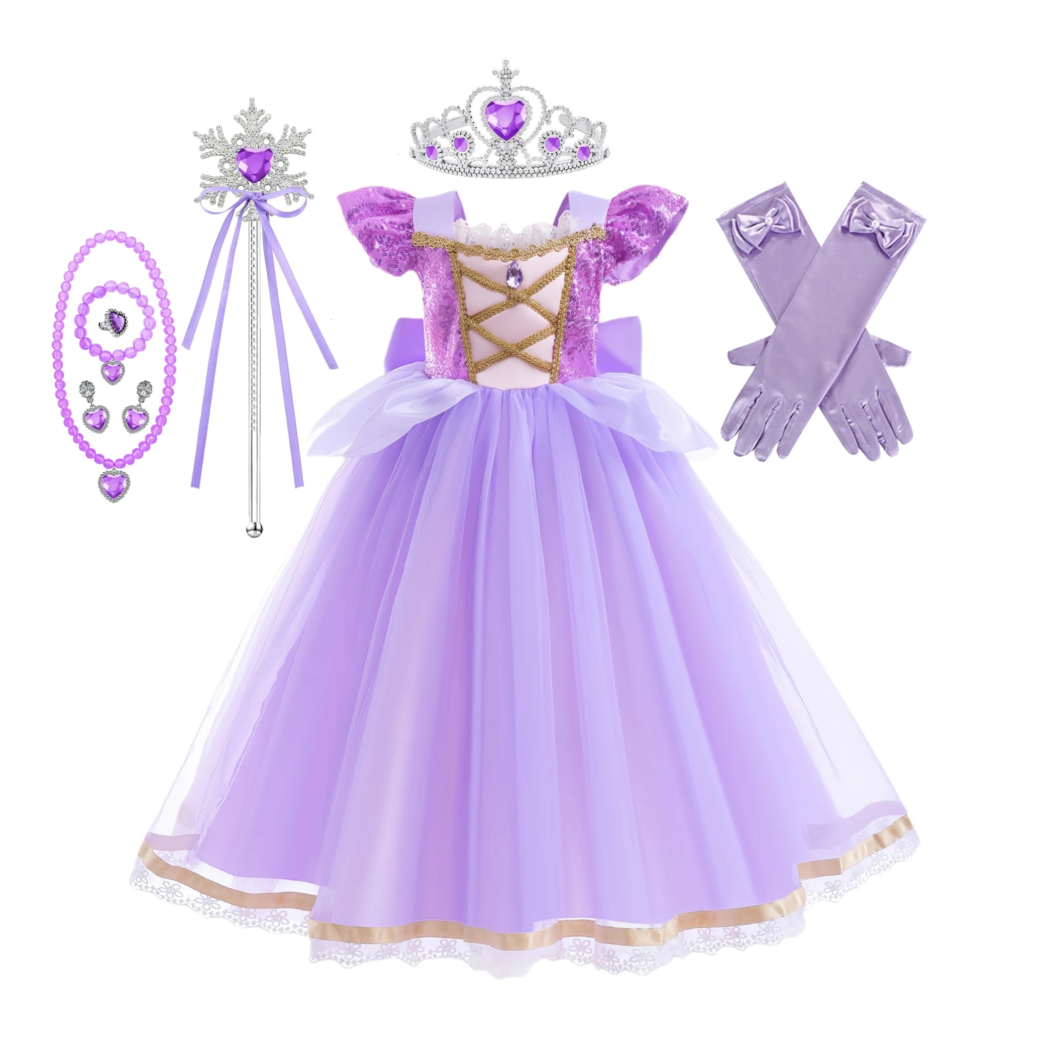 Girls Rapunzel Princess Costume Dress — Purple Puffy Halloween & Birthday Party Dress