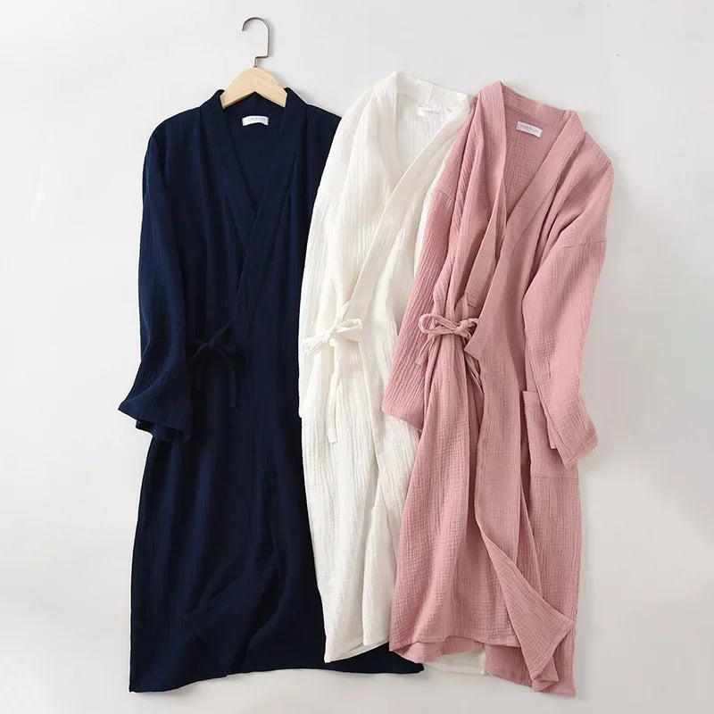 Couples 100% Cotton Crepe Gauze Robe | Long-Sleeve V-Neck Kimono Wedding Bathrobe