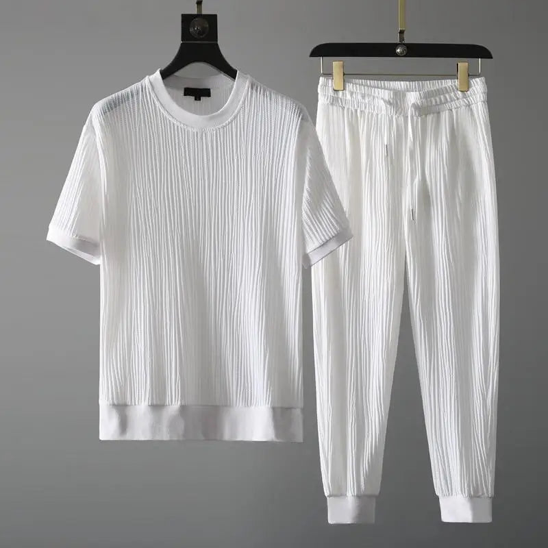 Men's Elastic Pleated Short-Sleeve & Nine-Point Pants Set – Breathable Summer Suit