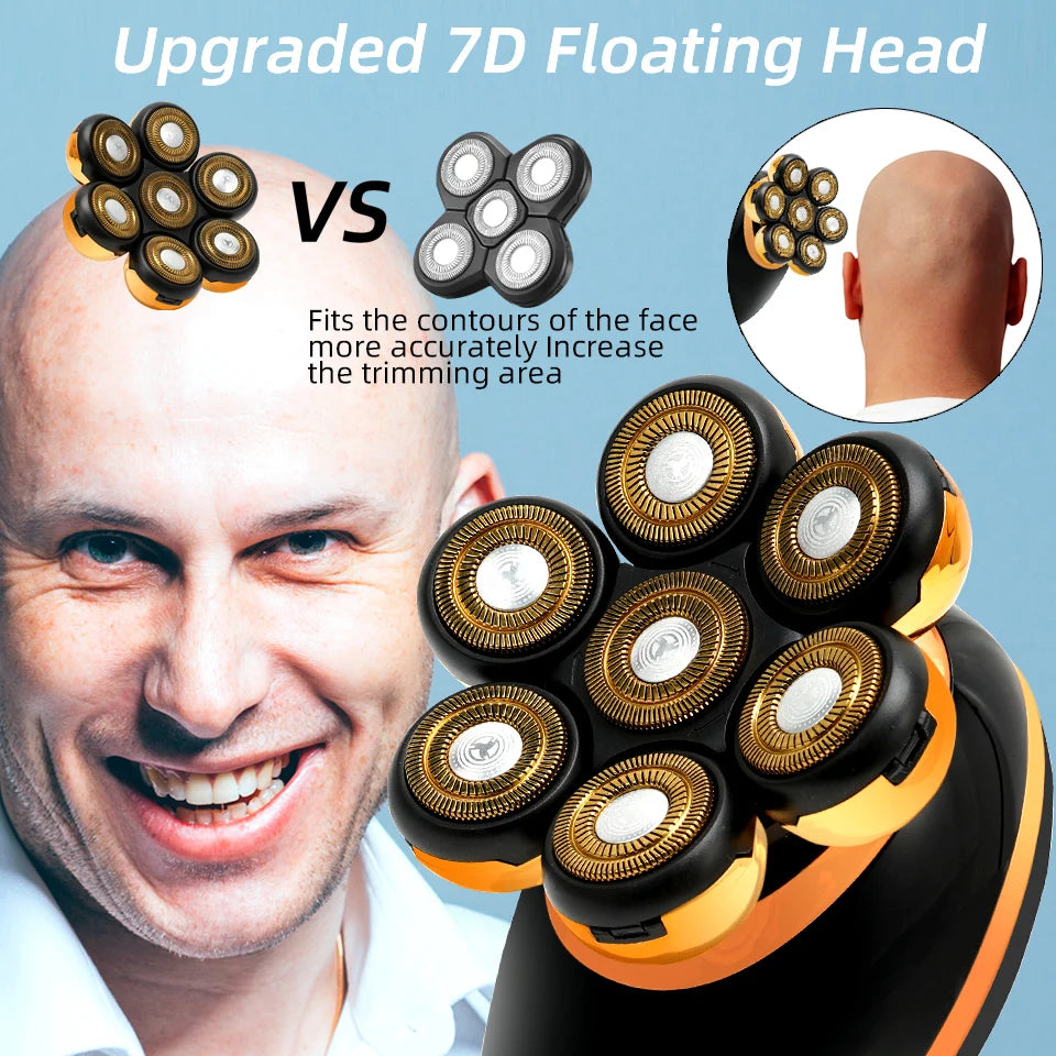 7D Floating Head Electric Shaver for Men – Wet/Dry Rotary Razor with LCD Display & Bald Head Trimmer