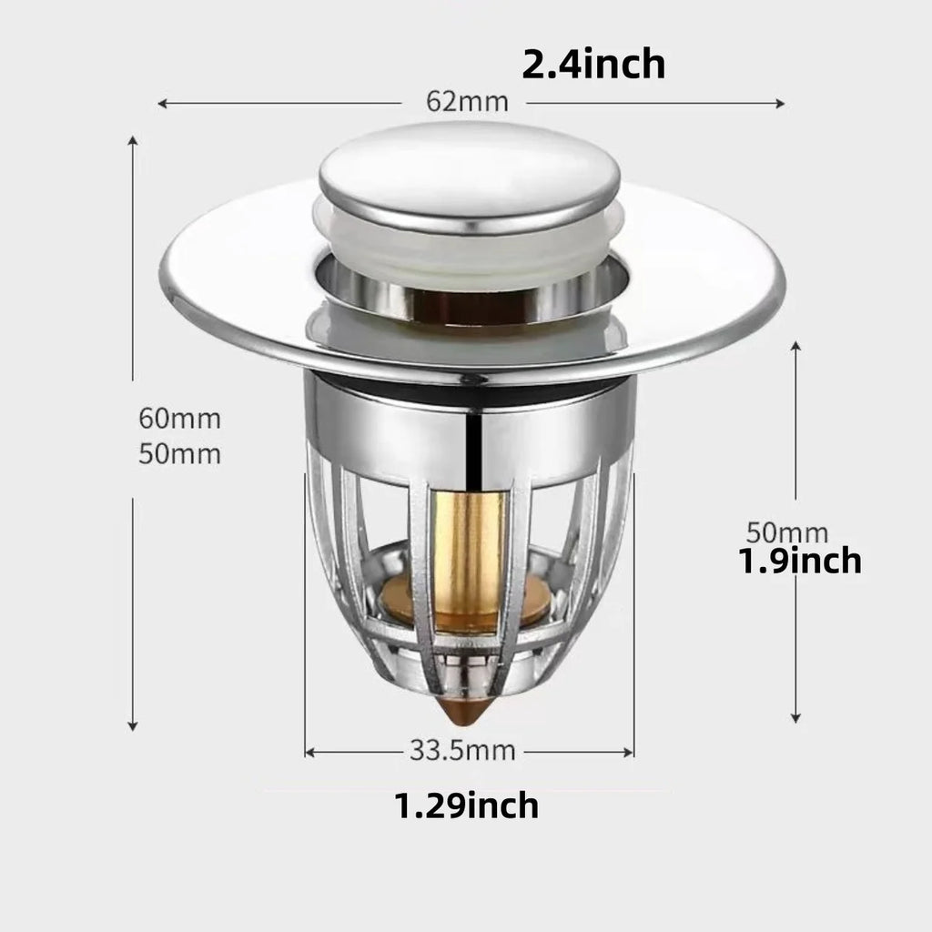 No More Clogged Drains — Pop-Up Chrome Sink Drain Stopper | Universal Rebound Filter with Hair Catcher, Easy Push Type