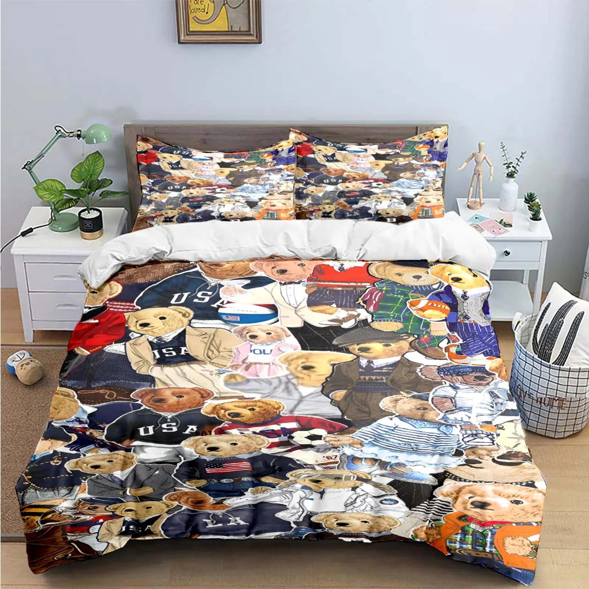 Cute Bear Print Bedding Set – Duvet Cover & Bed Linen, Single to King, Adults & Teens