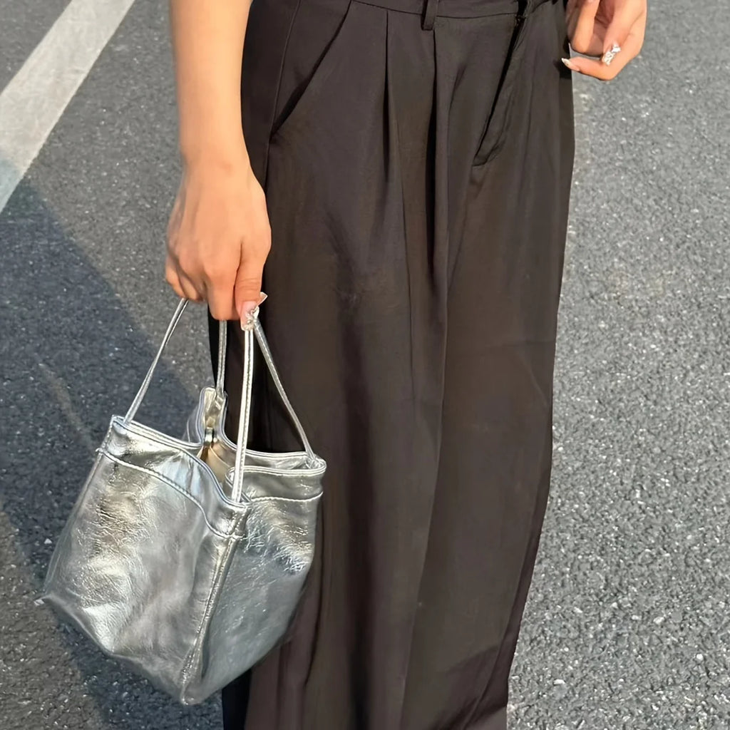 Sparkling Silver Glittery Mini Drawstring Bucket Bag – PU Crossbody Handbag with Wallet for Women