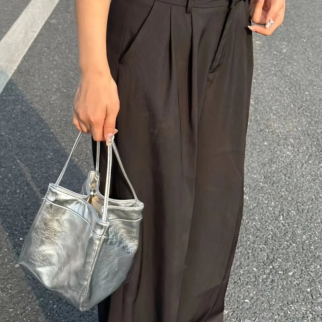 Sparkling Silver Glittery Mini Drawstring Bucket Bag – PU Crossbody Handbag with Wallet for Women