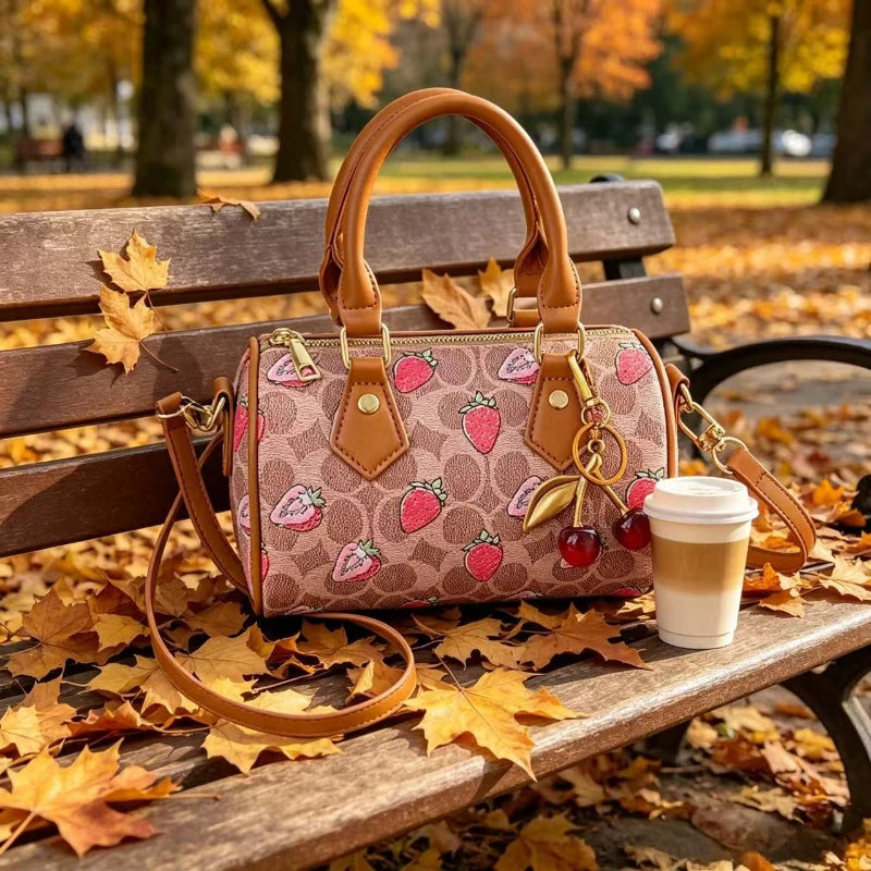 Cherry Print PU Leather Boston Crossbody Shoulder Bag – Luxury Designer Handbag for Women