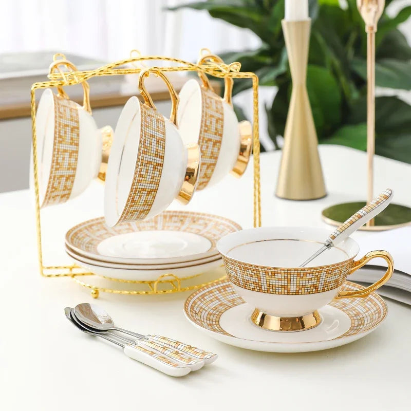 Ceramic Teacup & Saucer – Gold-Tone Mosaic, 220ml