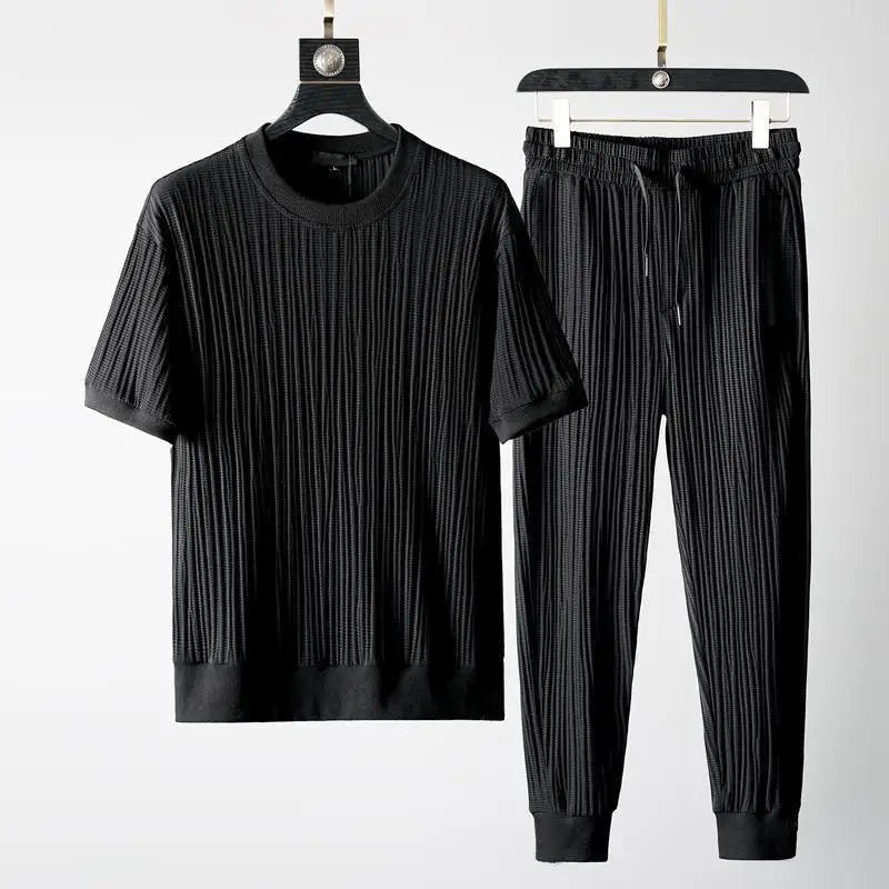 Men's Elastic Pleated Short-Sleeve & Nine-Point Pants Set – Breathable Summer Suit