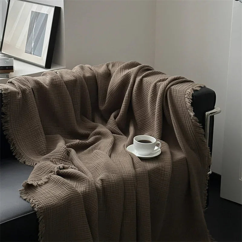 100% Cotton Tassel Blanket – Skin-Friendly Plaid Sofa Throw & Bed Shawl, Solid Color