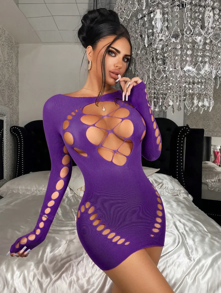 Women's Halter Neck Cut-Out Fishnet Bodycon Dress – Sexy Lingerie Evening Nightgown