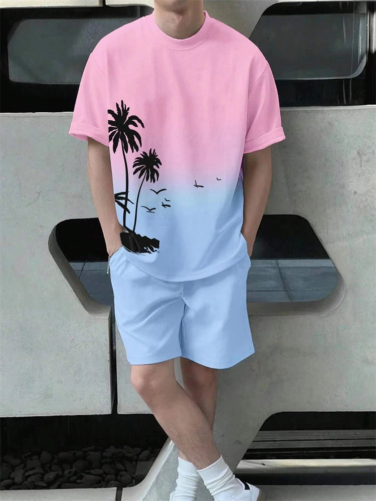 Men's Hawaiian Gradient Coconut Print T-Shirt & Pants 2-Piece Set – Beach Summer Sport