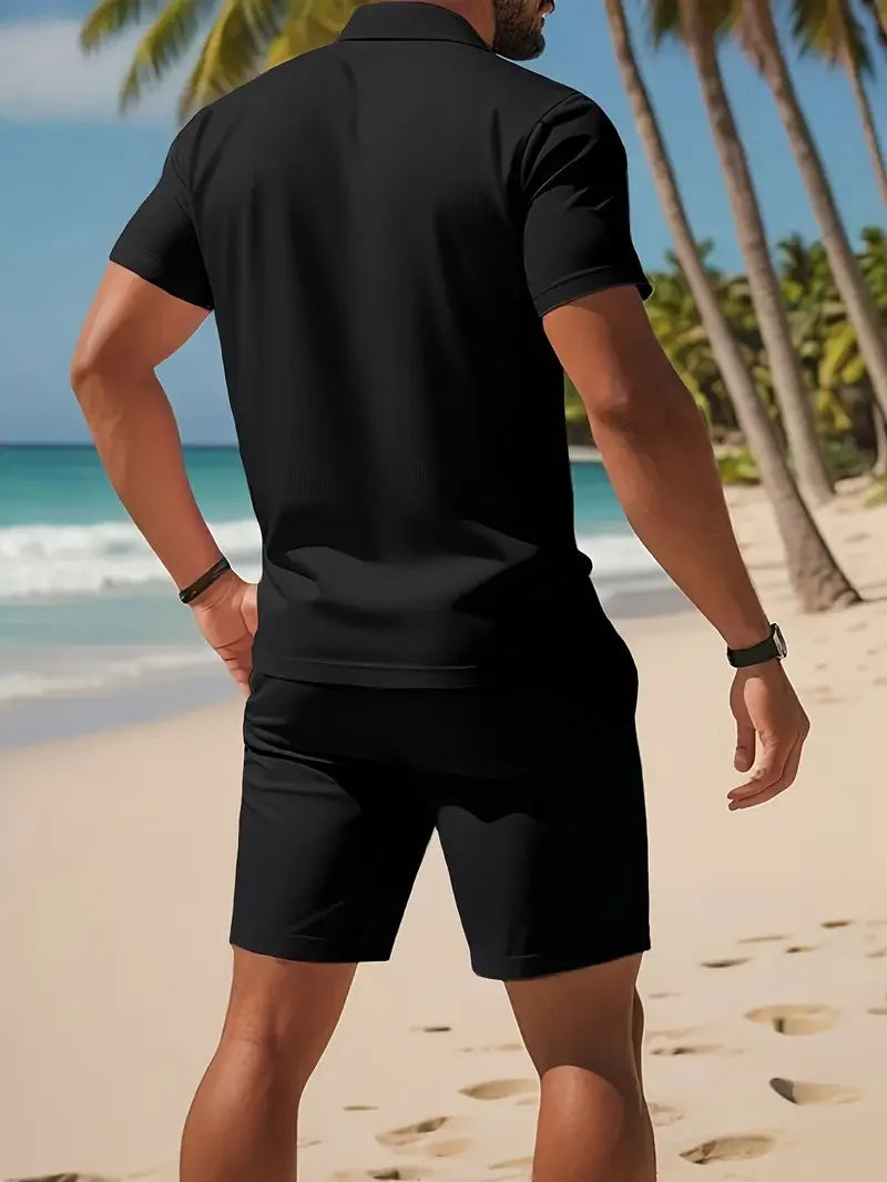 Men's Button-Down Polo Shirt & Breathable Mesh Shorts Set – Casual Versatile Summer Plus Size