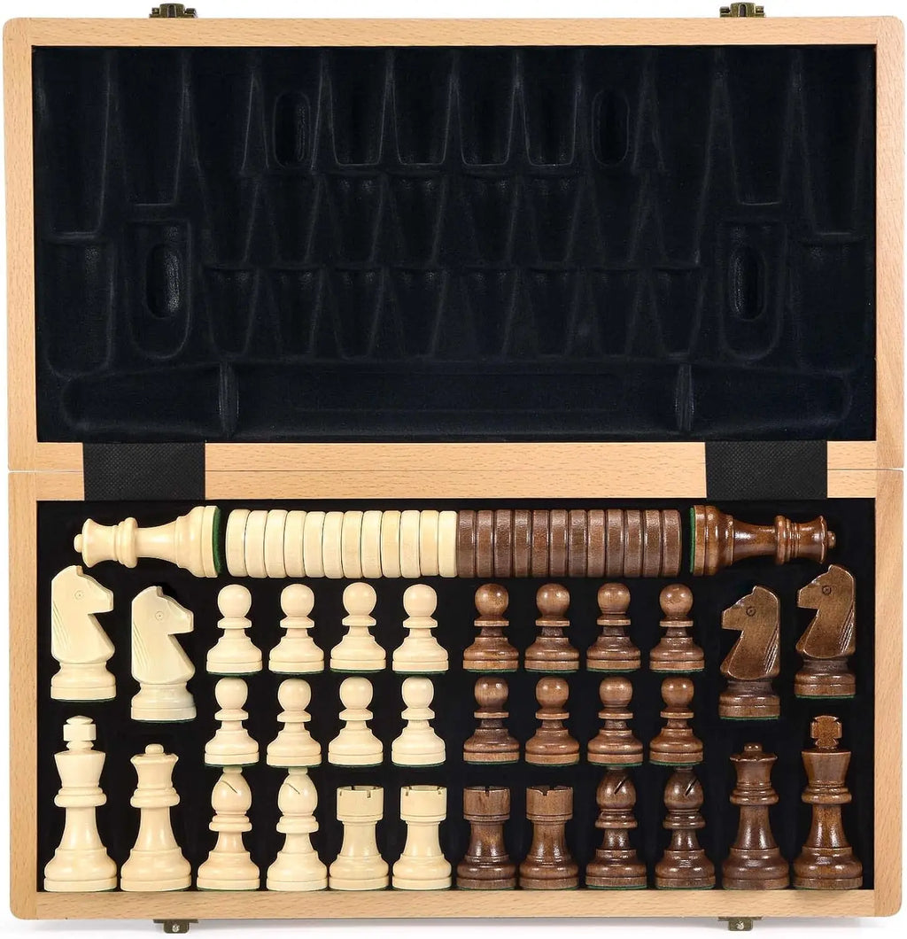 15-Inch Wooden Chess & Checkers Set – 2-in-1 Classic Board Game, Weighted Pieces, 2 Extra Queens & 24 Checkers