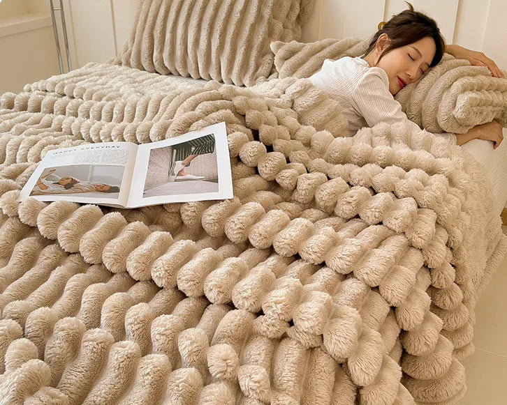 Striped Plush Blanket – Soft Faux Rabbit Fur Throw