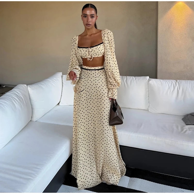 Polka Dot Puff Sleeve Crop Top & Maxi Skirt Set — Square Neck Tie-Front Vacation Outfit