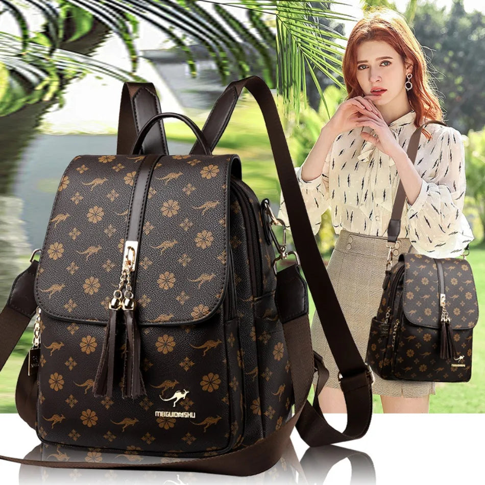 Women's Luxury Leather Backpack – Vintage Print Tassel Fashion Bag