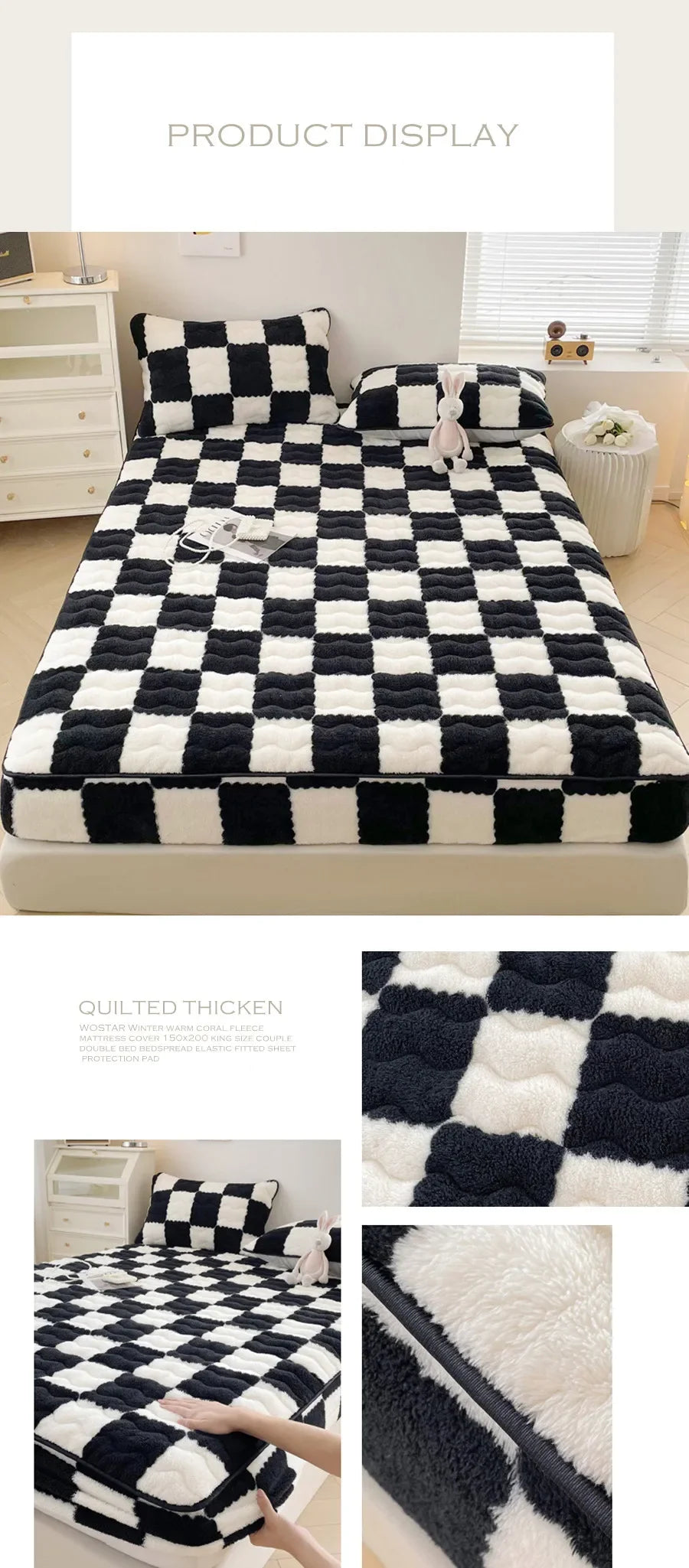 WASART Plush Warm Mattress Protector – Black & White Plaid Elastic Fitted Bed Pad