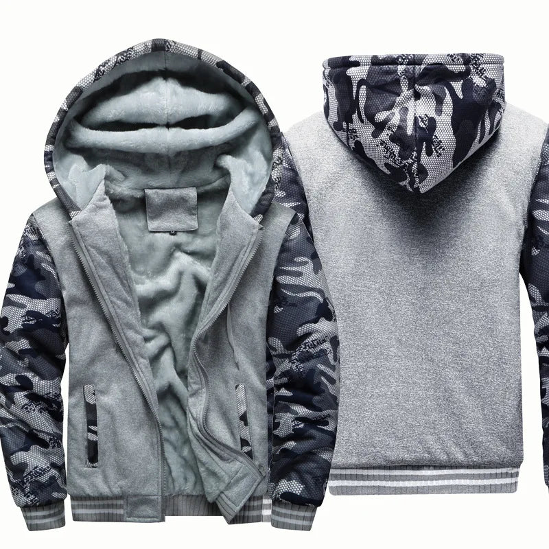 Men's Camouflage Fleece Hooded Zip Jacket – Thick Streetwear Coat for Autumn & Winter