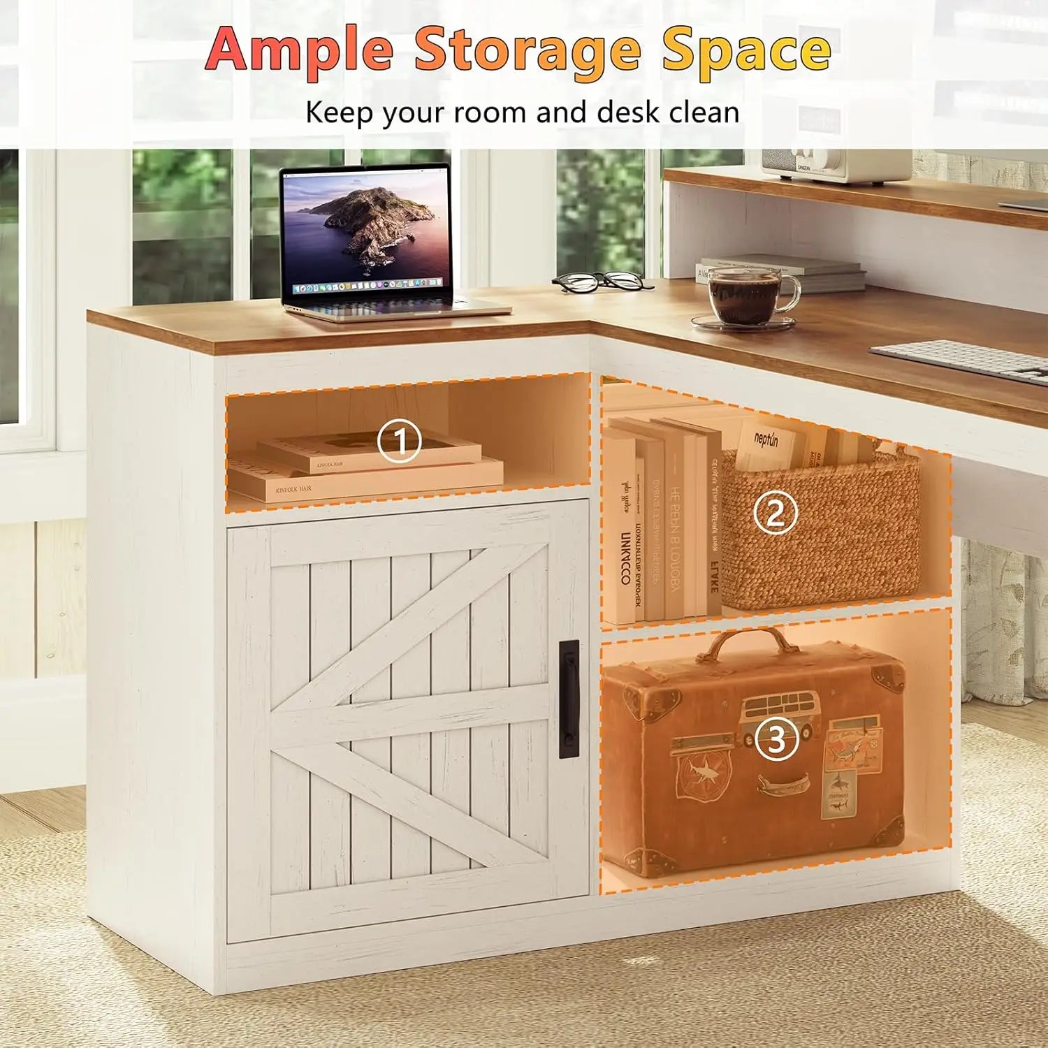 Farmhouse L-Shaped Desk with Drawers & Power Outlet — 62.2" Home Office Desk with Storage Shelves & Monitor Stand