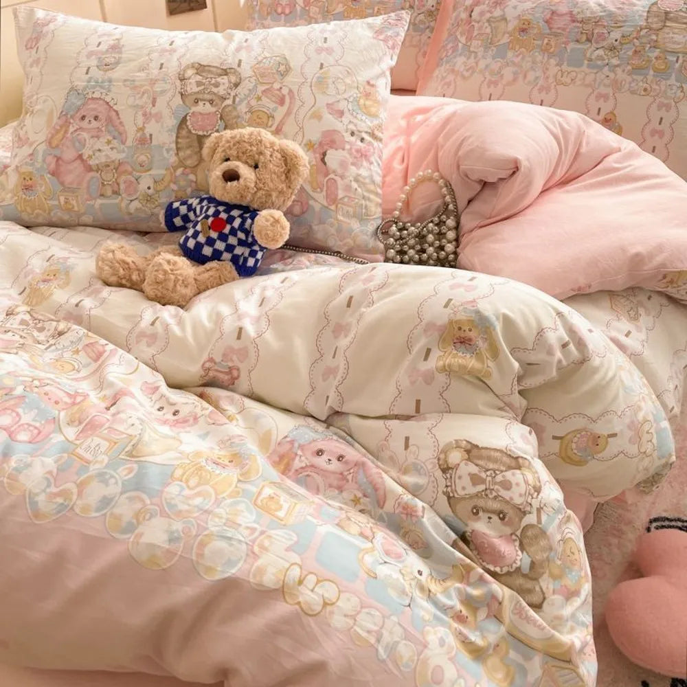 Vintage Floral Duvet Cover Set – Korean Ins Style Bedding Kit with Flat Sheet & Pillowcases, Single to Queen
