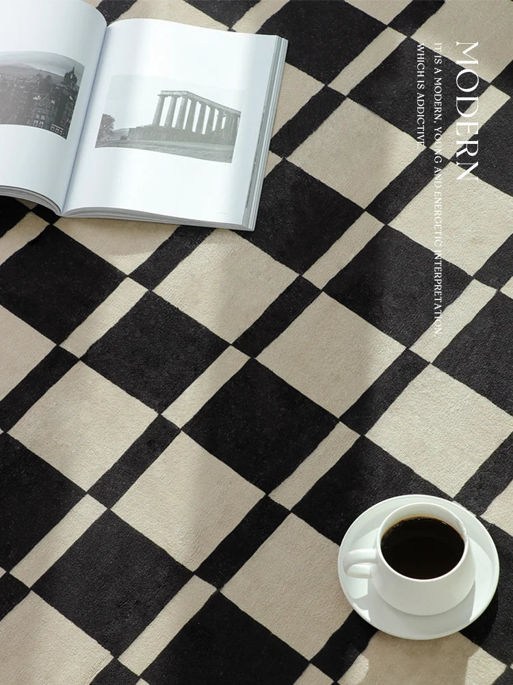 French Retro Checkerboard Plush Rug – Large Area Plaid Carpet for Bedroom & Living Room, 20 Styles & 10 Sizes