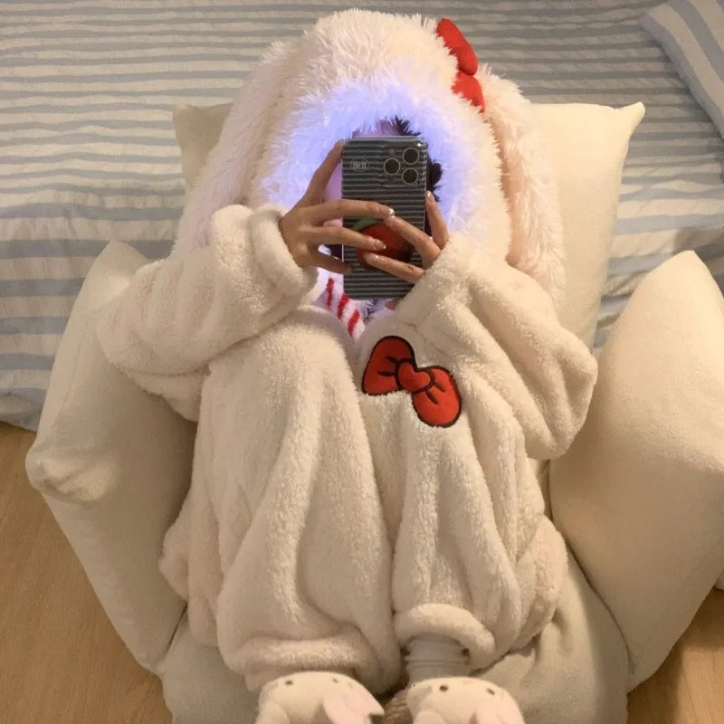 Women's Sweet Bow Rabbit One-Piece Fleece Pajamas | Thickened Coral Fleece Plus Size Loungewear