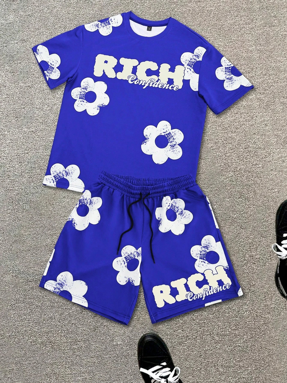 Men's Flower Graphic Print T-Shirt & Elastic Waist Shorts Casual Two-Piece Set
