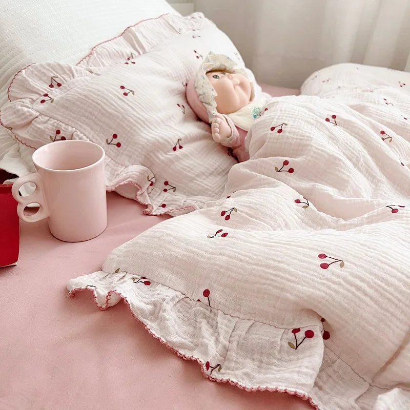 Princess Ruffle Bedding Set – 100% Cotton Gauze Duvet Cover with Pillowcases, Floral, 3-Piece