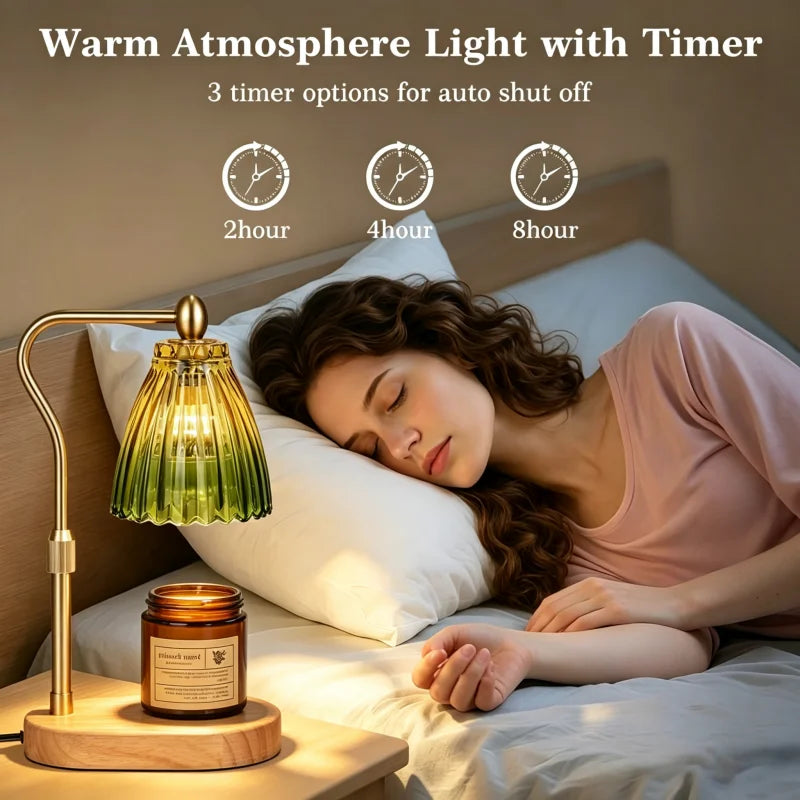 Retro Candle Warmer Lamp with Wood Base and Glass Shade