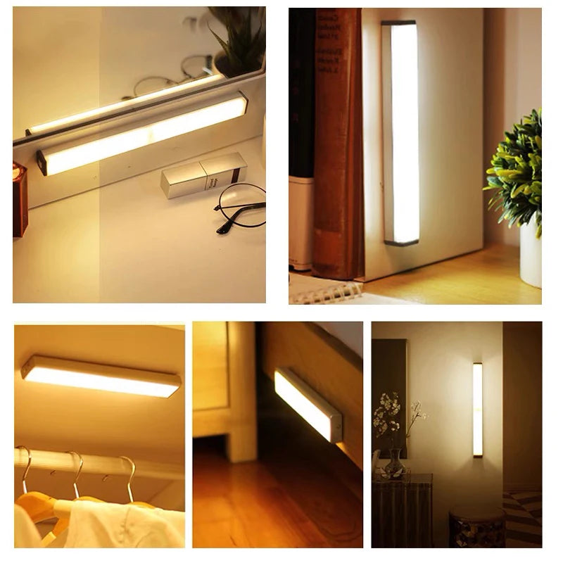 Motion Sensor LED Night Light Strip – USB Rechargeable, 3 Modes, Warm or Cool White for Cabinet, Wardrobe & Staircase