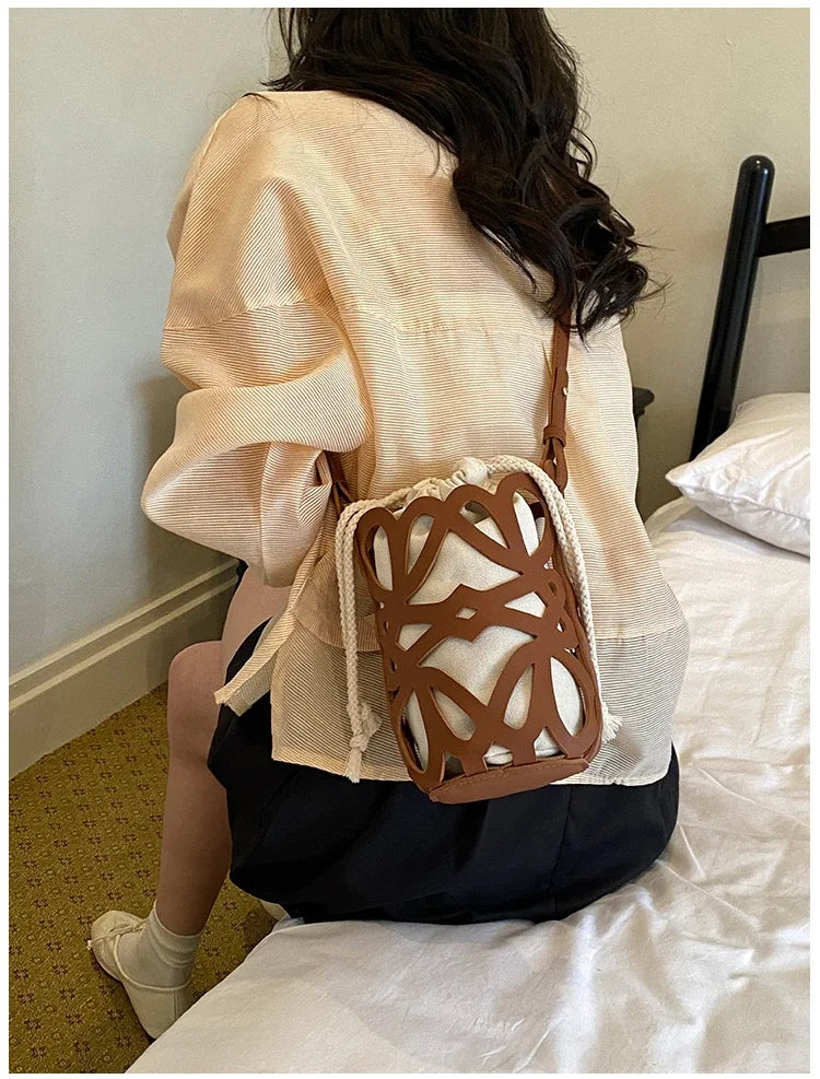 Brilliant Fish Hollow Out Drawstring Mini Bucket Crossbody Bag – Adjustable Strap Shoulder Bag for Women