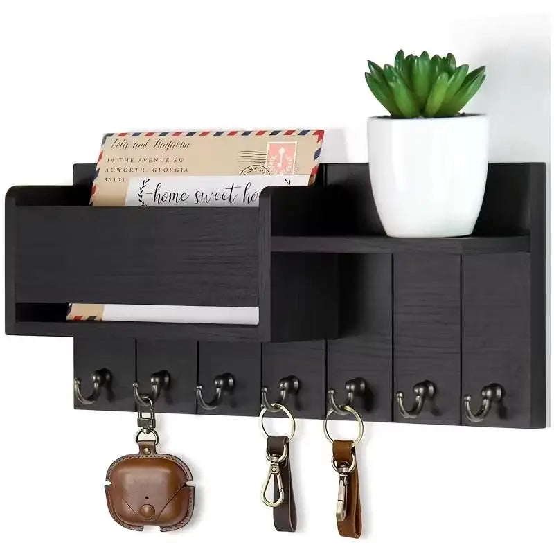 Wall-Mounted Wood Storage Rack with 7 Hooks — Mail, Keys, Glasses & Entryway Organizer