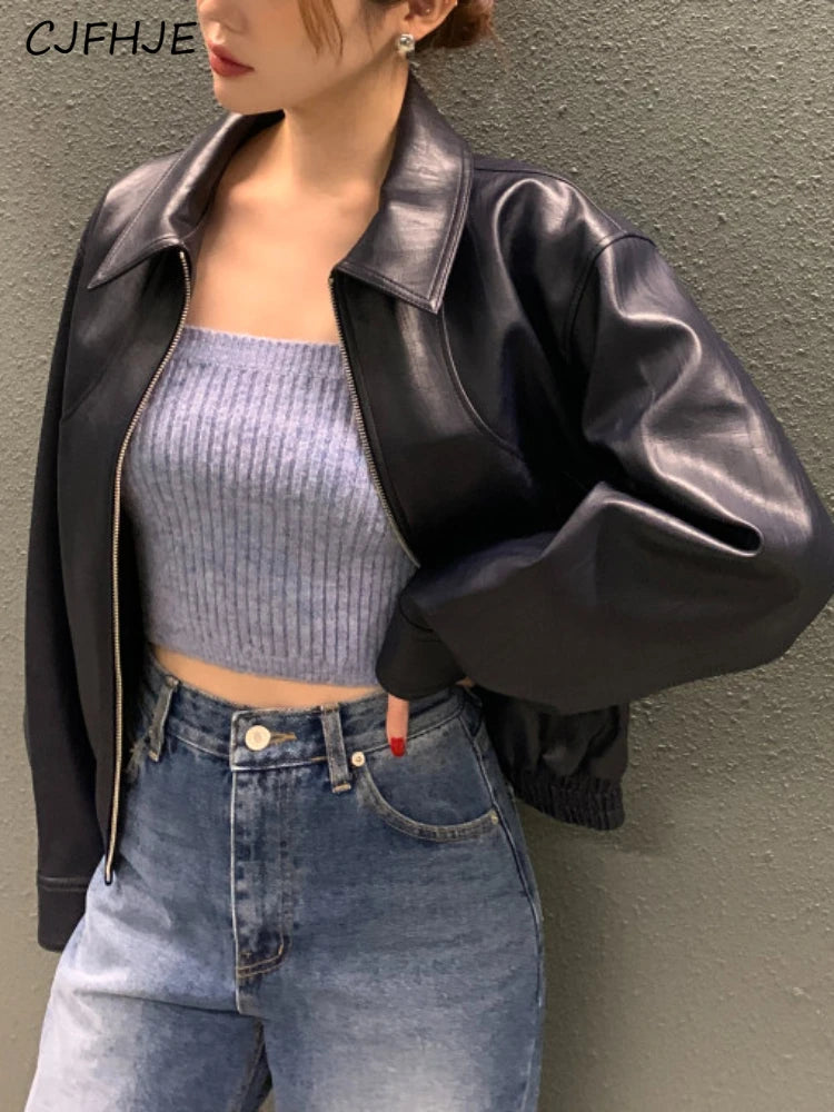 Women's Cropped Faux Leather Jacket – Lapel Zip Front