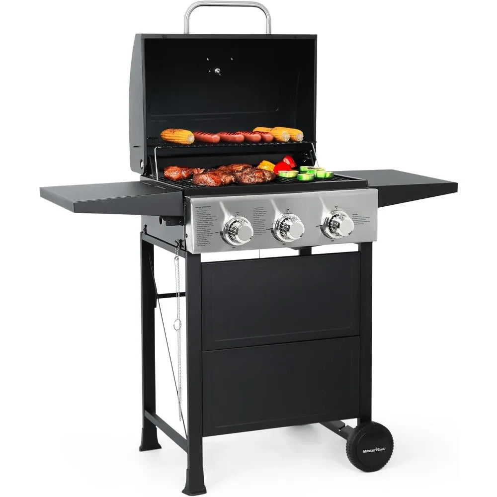 3-Burner Propane Gas Grill | 472 Sq. In., 30,000 BTU, Stainless Steel, Foldable Side Tables, Built-in Thermometer