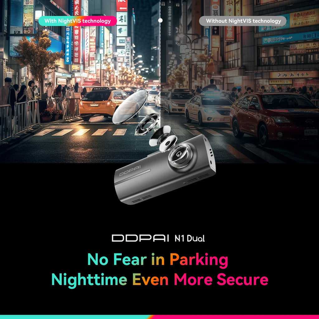 DDPAI N1 Dual Dash Cam – 1296P Front & Rear NightVIS Car DVR with App Control