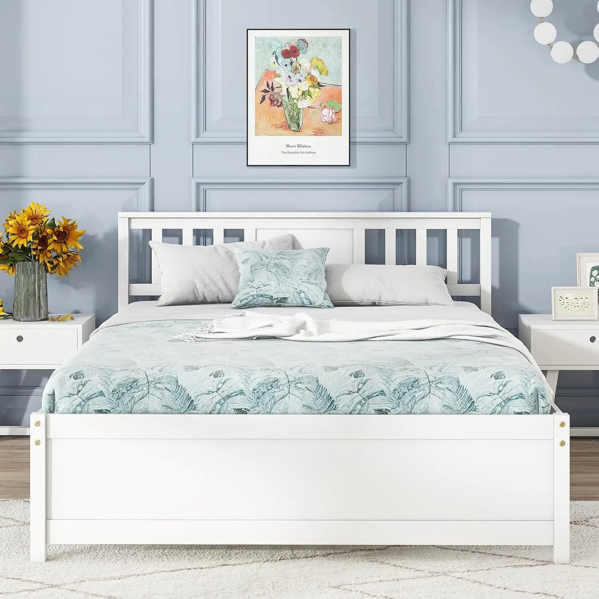 Farmhouse Solid Wood Full Size Bed Frame with Headboard – Platform Bed, Wooden Slat Support, No Box Spring Needed