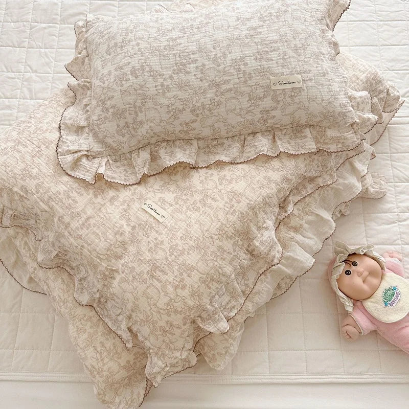 Princess Ruffle Bedding Set – 100% Cotton Gauze Duvet Cover with Pillowcases, Floral, 3-Piece