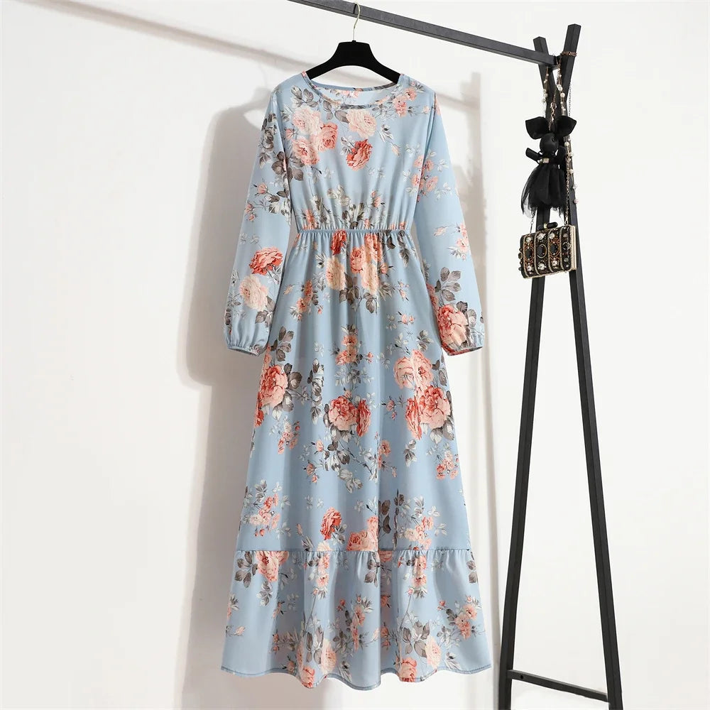 Full Sleeve Floral Geometry Print Boho Beach Party Dress — O-Neck Casual Maxi Dress