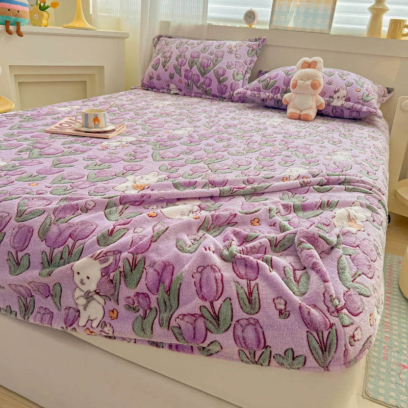Flannel Fleece Fitted Bed Sheet – Warm Cartoon Purple, Elastic Single to King, Winter Bedsheet