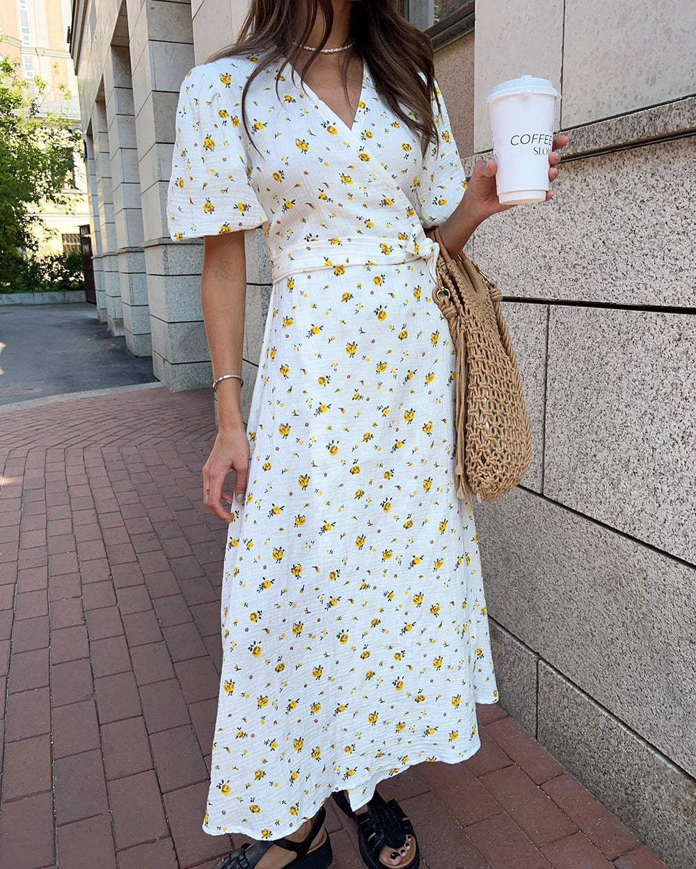 100% Cotton Floral A-Line Midi Dress — Elegant White Summer Dress with Side Slits